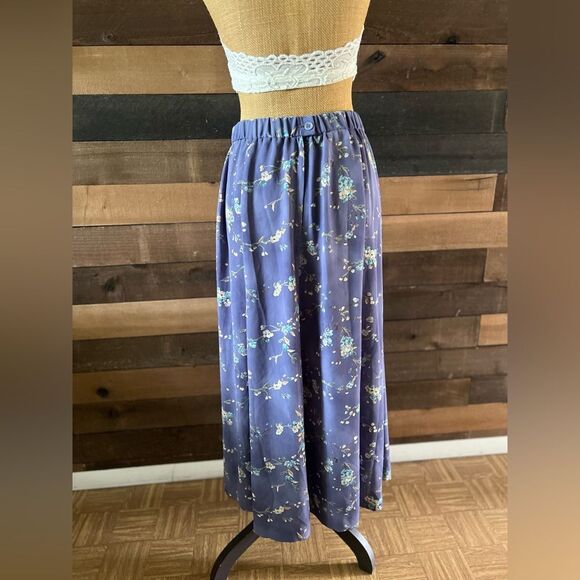 90s Vintage KORET Purple Cottagecore Painted Flowers Elastic Waist Maxi Skirt - Picture 3 of 8